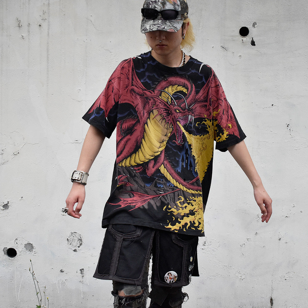 90's Special!AOP! LIQUID BLUE “Dragon” Tシャツ 240730H