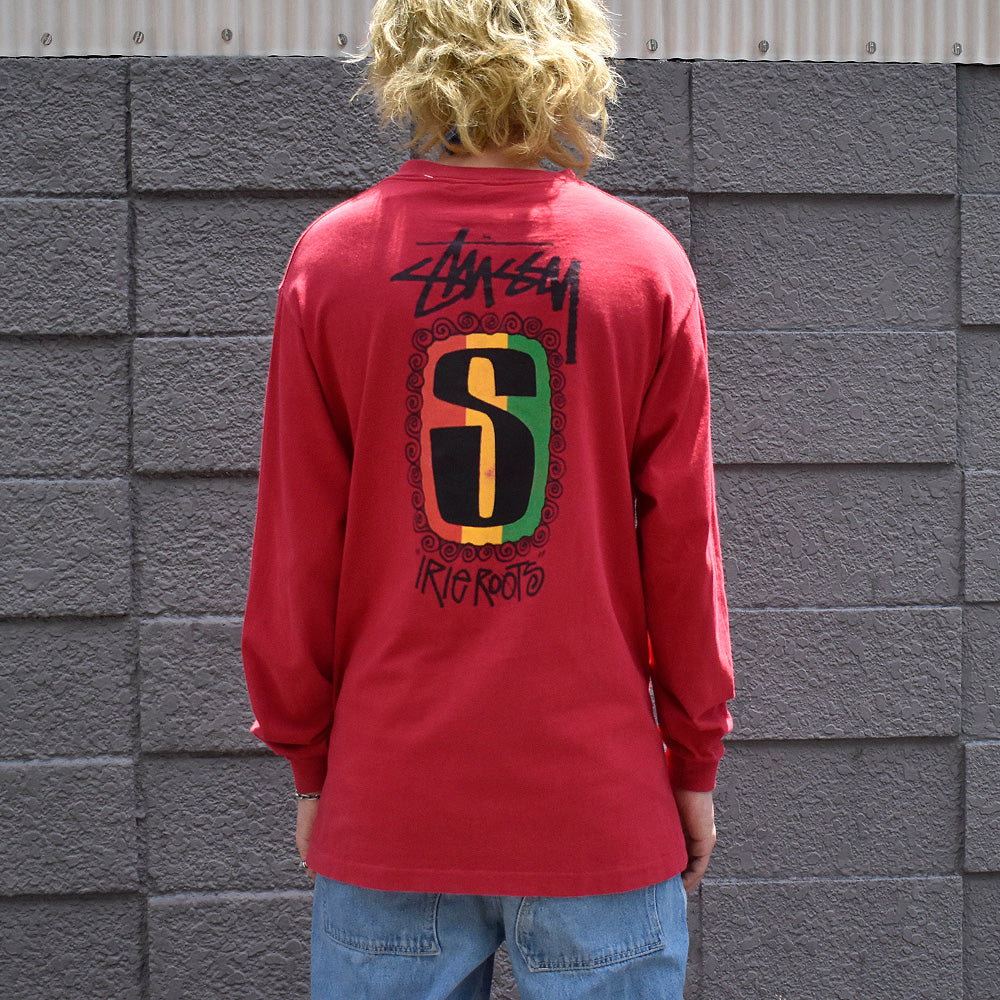80's Old STUSSY 黒タグ “IRIE ROOTS“ Rasta S Logo ロングスリーブTシャツ USA製 250714H