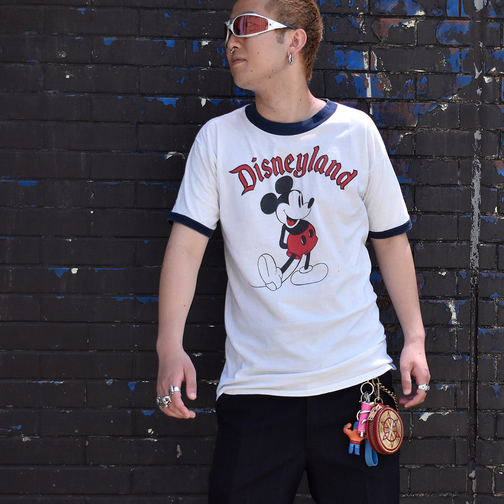 70's オールドイングリッシュ!“Disneyland” 染み込み Mickey 100%コットン リンガーTシャツ USA製 250802H
