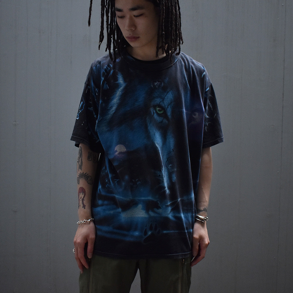 Y2K LIQUID BLUE “wolf” AOP! アニマル Tシャツ 230524H