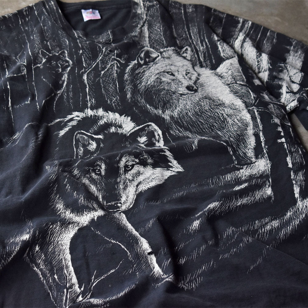 90’s “WOLF” AOP! オオカミ アニマルプリントTシャツ USA製 240605