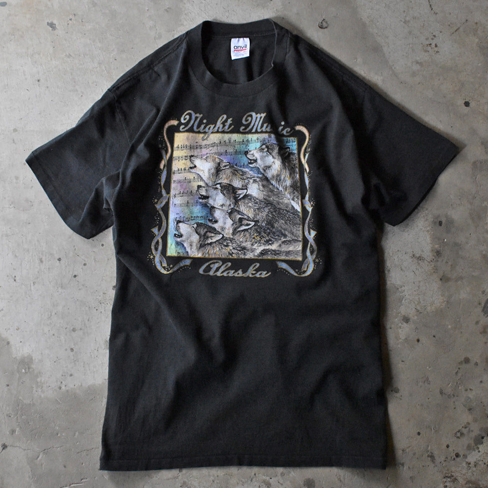 90’s Anvil “Night Music Alaska” オオカミ アニマルプリントTシャツ 240427