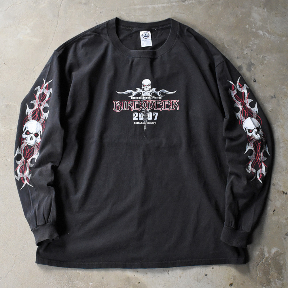 “BIKE WEEK 2007” 袖プリント スカル バイク ロングスリーブTシャツ 240815