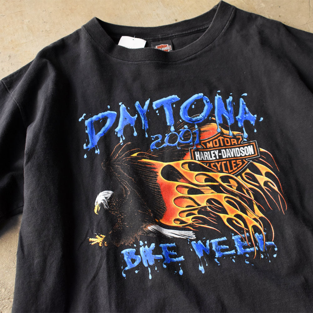 Y2K Harley-Davidson “DAYTONA BIKE WEEK 2001” ファイヤーパターン! 両面プリント Tシャツ USA製 250409