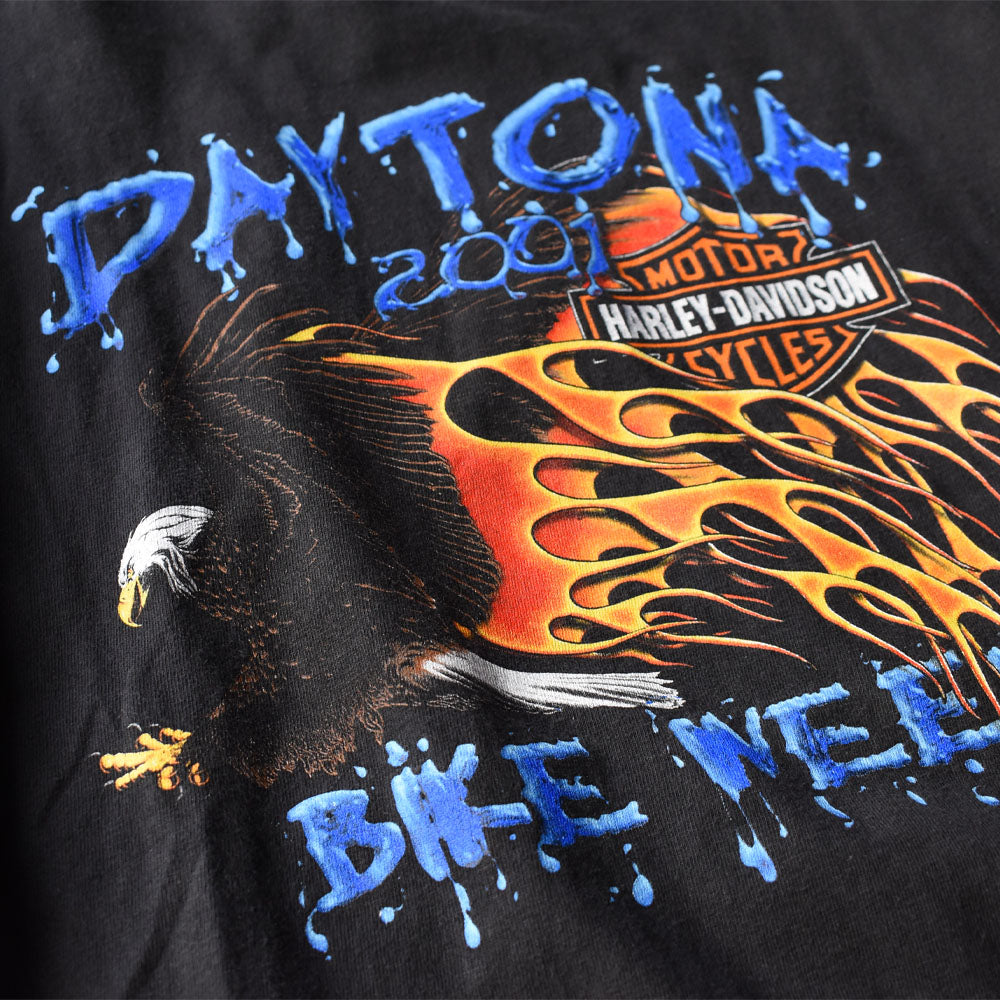 Y2K Harley-Davidson “DAYTONA BIKE WEEK 2001” ファイヤーパターン! 両面プリント Tシャツ USA製 250409