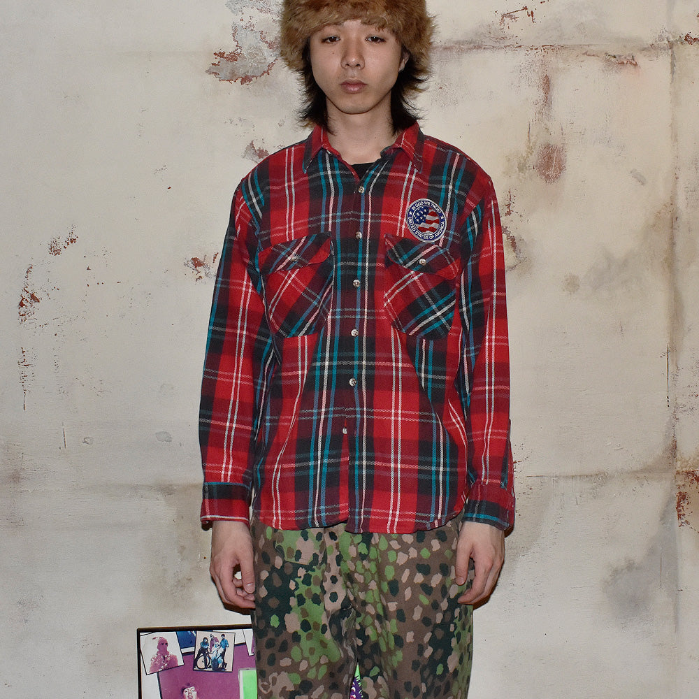 90's FIVE BROTHER “IN GOD WE TRUST”ワッペン チェック柄 ヘビーネルシャツ 赤×黒 250503H