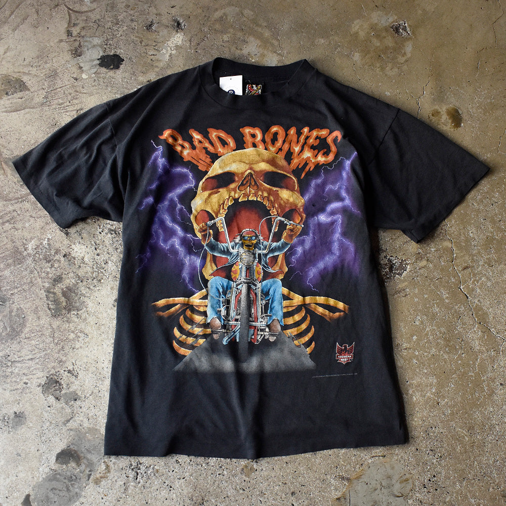 90's 3D EMBLEM “BAD BONES” Skull×Thunder バイク Tシャツ USA製 250818H