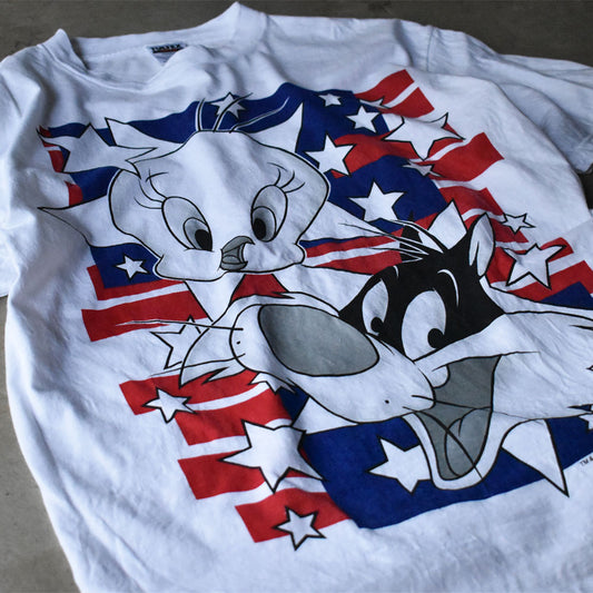 90's TULTEX “Looney Tunes / Tweety & Sylvester Cat” 大判プリント キャラ Tシャツ 240501