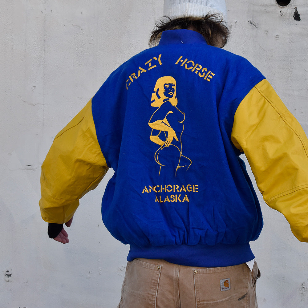 80's~ CRAZY HORSE ANCHORAGE ALASKA “ nude lady” レザー切り替え アワードジャケット 231130H