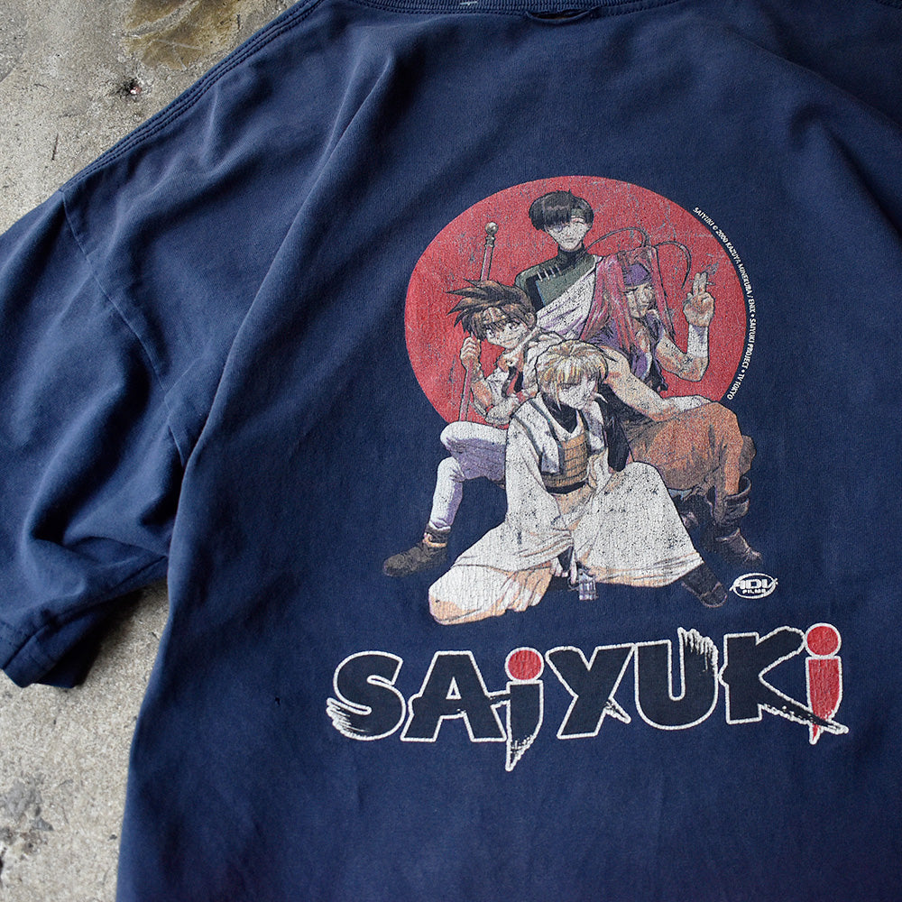 Y2K アニメキャラクタープリントバッグ ホワイト 90s vintage アニメキャラ 袖ロゴ バックプリント白Tシャツ Y2K