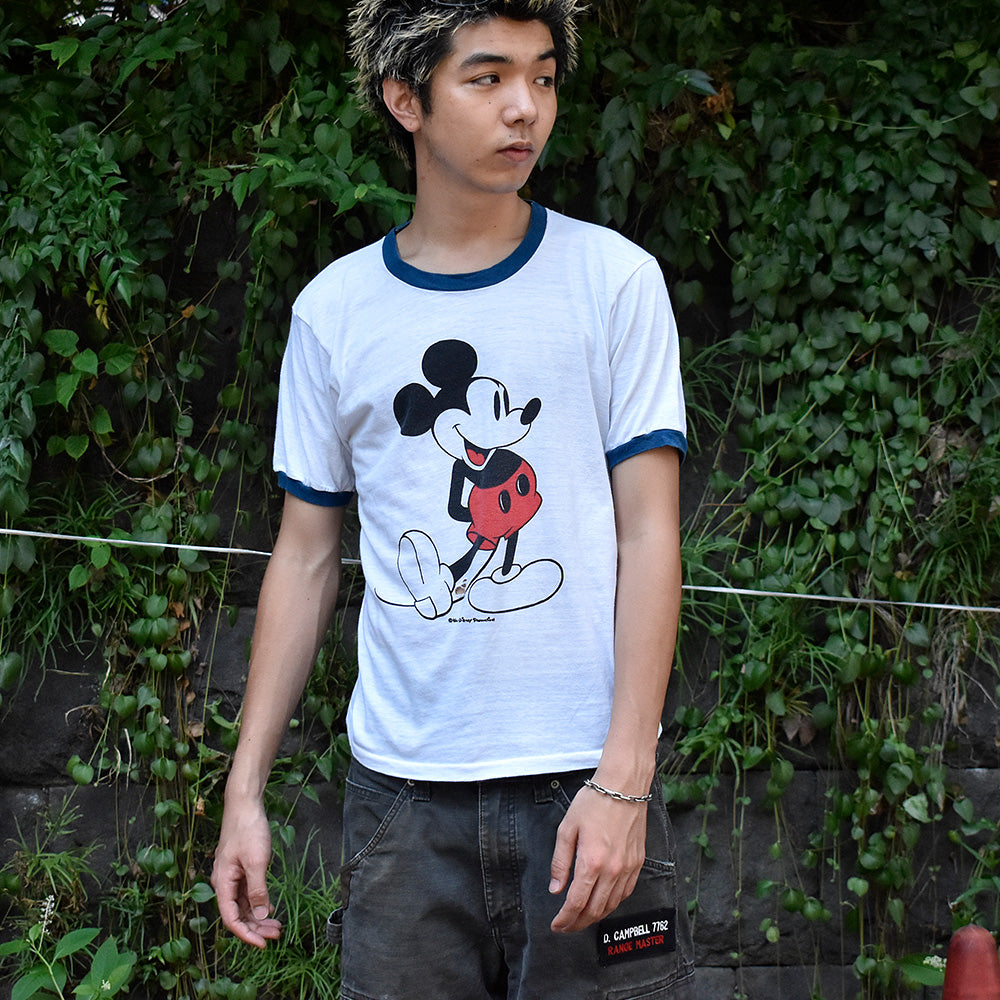 70's-80’s Disney “Mickey” 白足ミッキー 染み込み リンガー Tシャツ 250807H