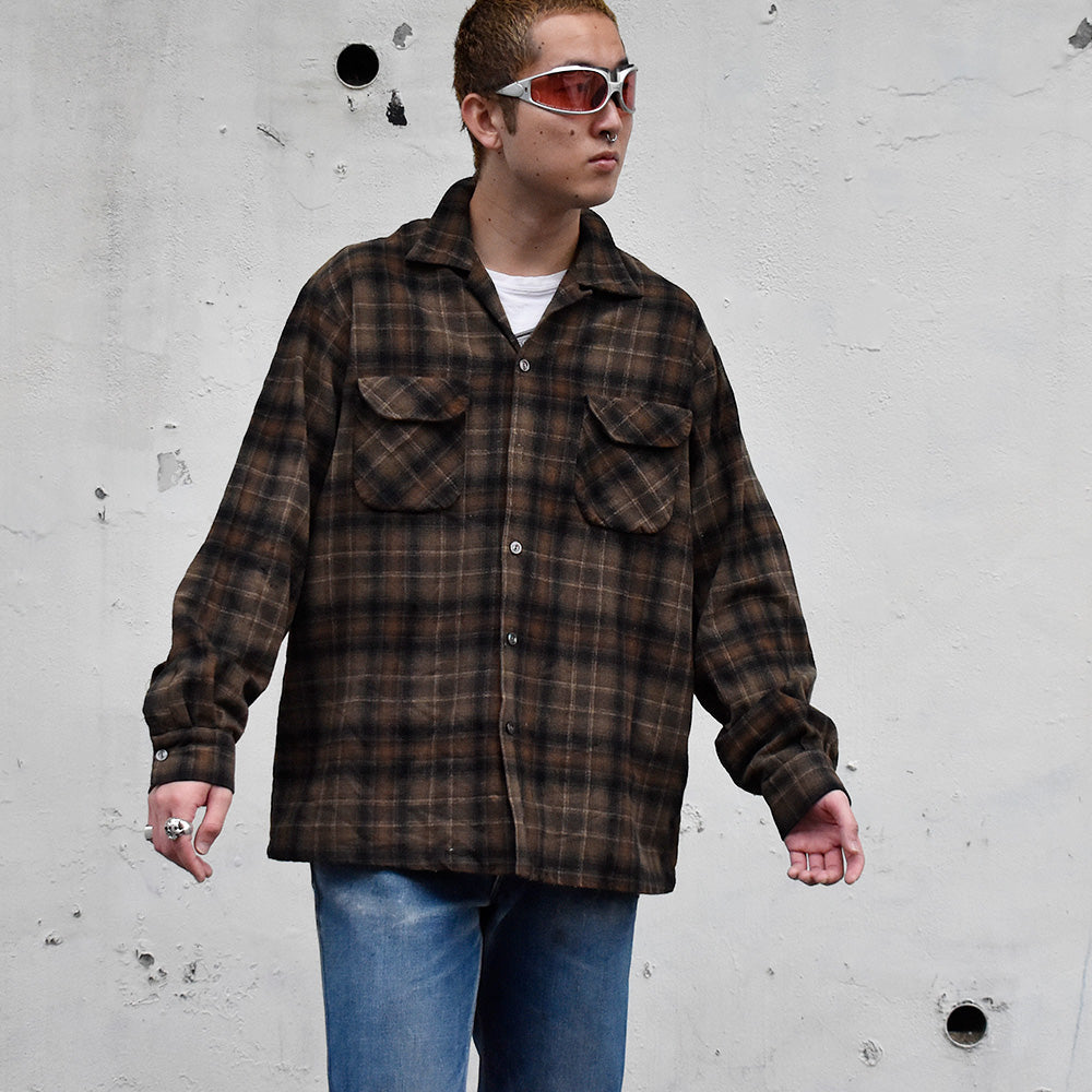 60's Stanwood CASUALS ブラウン×ブラック! チェック柄 ウールシャツ 241108H
