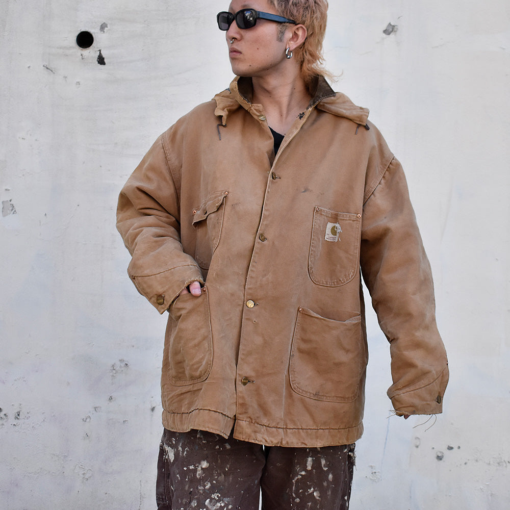 70's Carhartt フード付き ダック チョアコート プリントタグ! ブランケットライナー 240113H