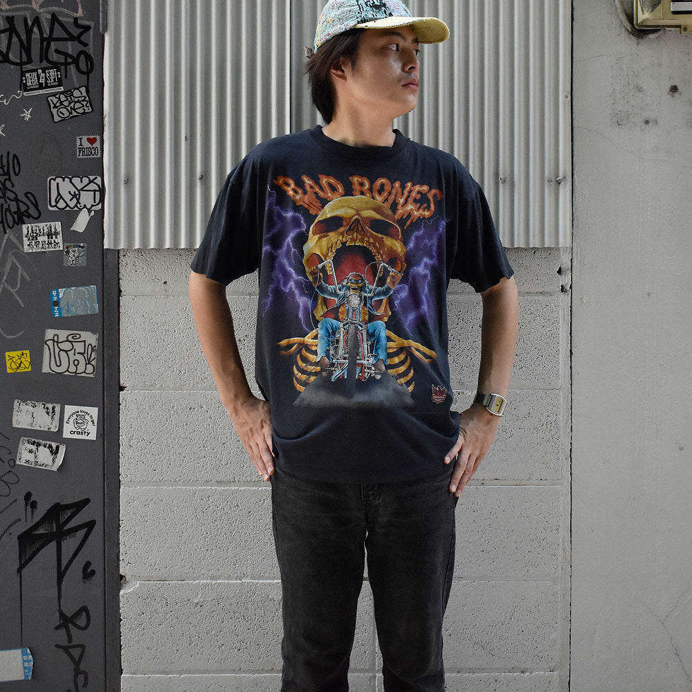 90's 3D EMBLEM “BAD BONES” Skull×Thunder バイク Tシャツ USA製 250818H