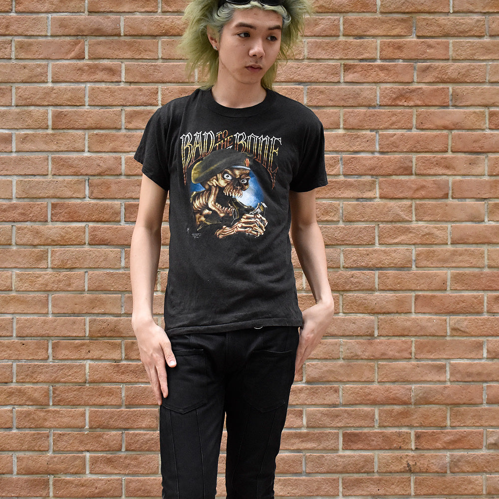 80's 3D EMBLEM “Bad To The Bone“ Sukll Tシャツ USA製 250523H