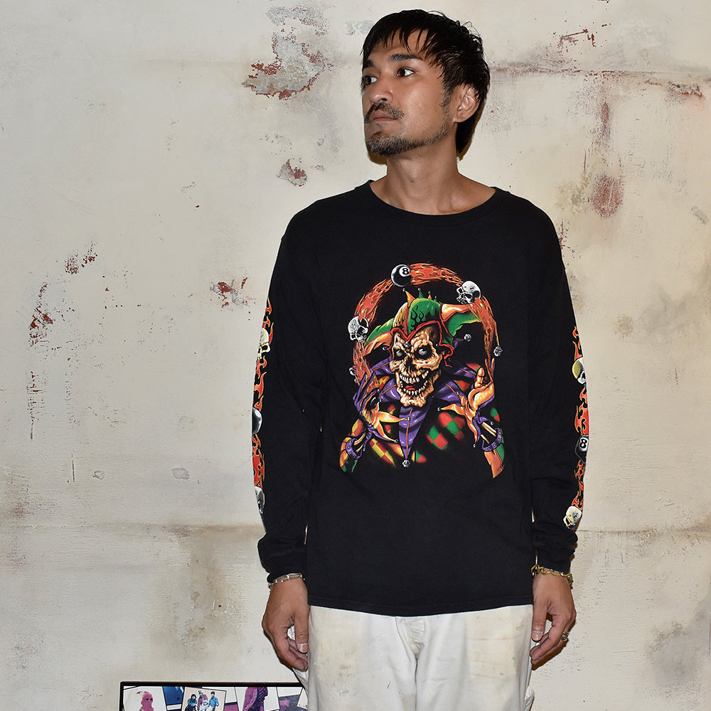 Y2K “Skull Clown” 8 Ball ファイヤーパターン! ロングスリーブ Tシャツ 250811H