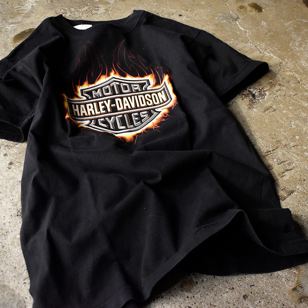 Y2K Harley-Davidson トライバルファイヤー ロゴ バイク Tシャツ 250220H