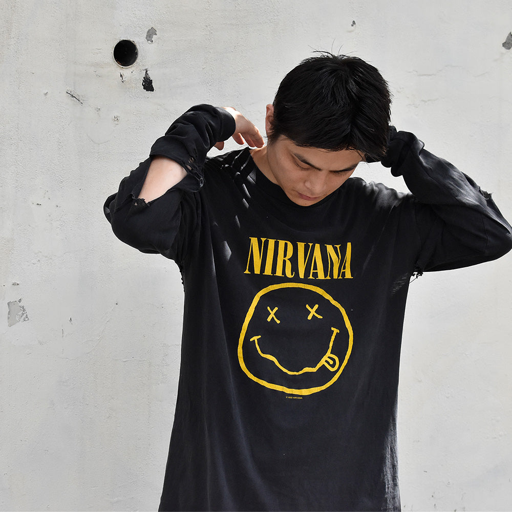 90's NIRVANA 両面プリント! “ラリったスマイリーフェイス&カート” ロングスリーブTシャツ 240826H