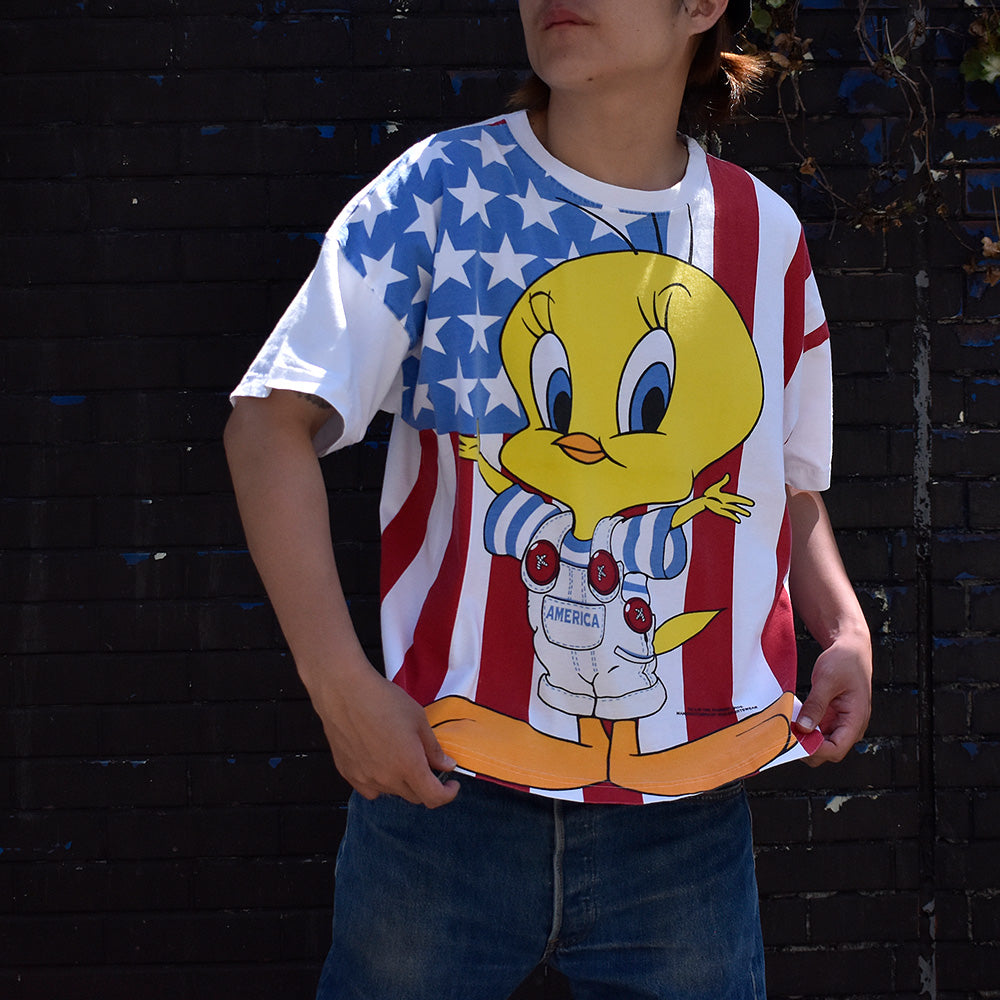 90's Looney Tunes "TWEETY" オーバープリント 海外アニメ キャラ Tシャツ 230902H