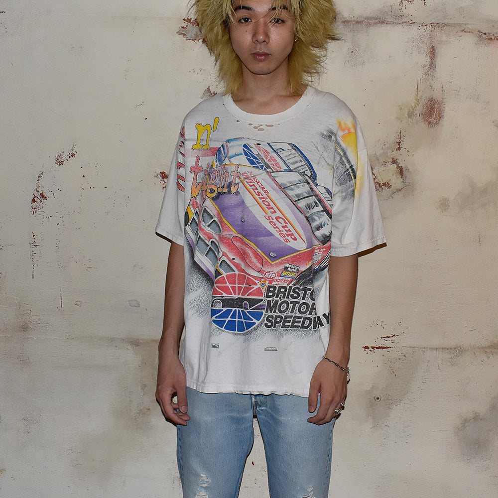 90's ボロ! CHASE authentics "RBristol Motor Speedway" AOP! レーシング Tシャツ USA製 250716H