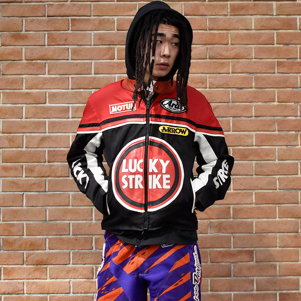 90's Real Leather “Lucky Strike” モーターサイクル レーシングジャケット 240314H