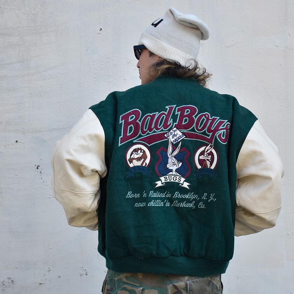 90's Looney Tunes “BAD BOYS” レザー切り替え アワードジャケット 231127H