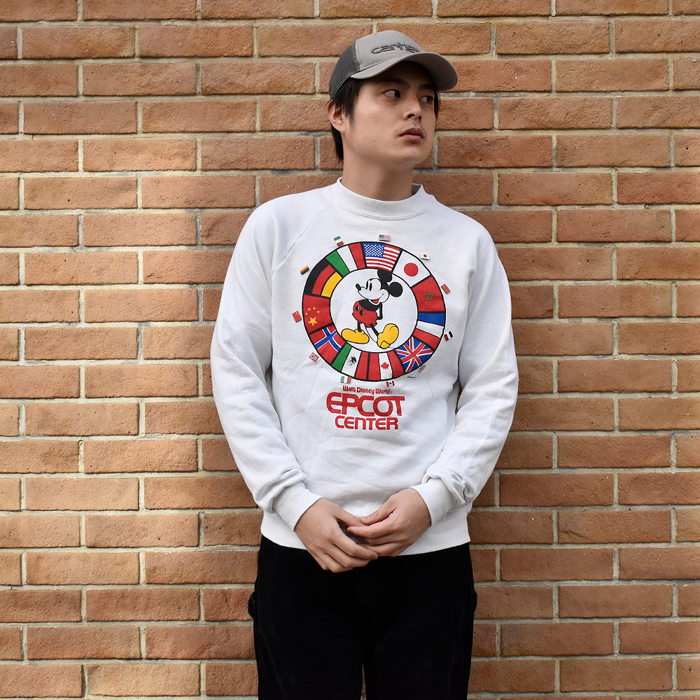 80's フラッグピンズ付き! “Walt Disney World Epcot Center” Mickey サークルフラッグ スウェット USA製 250120H