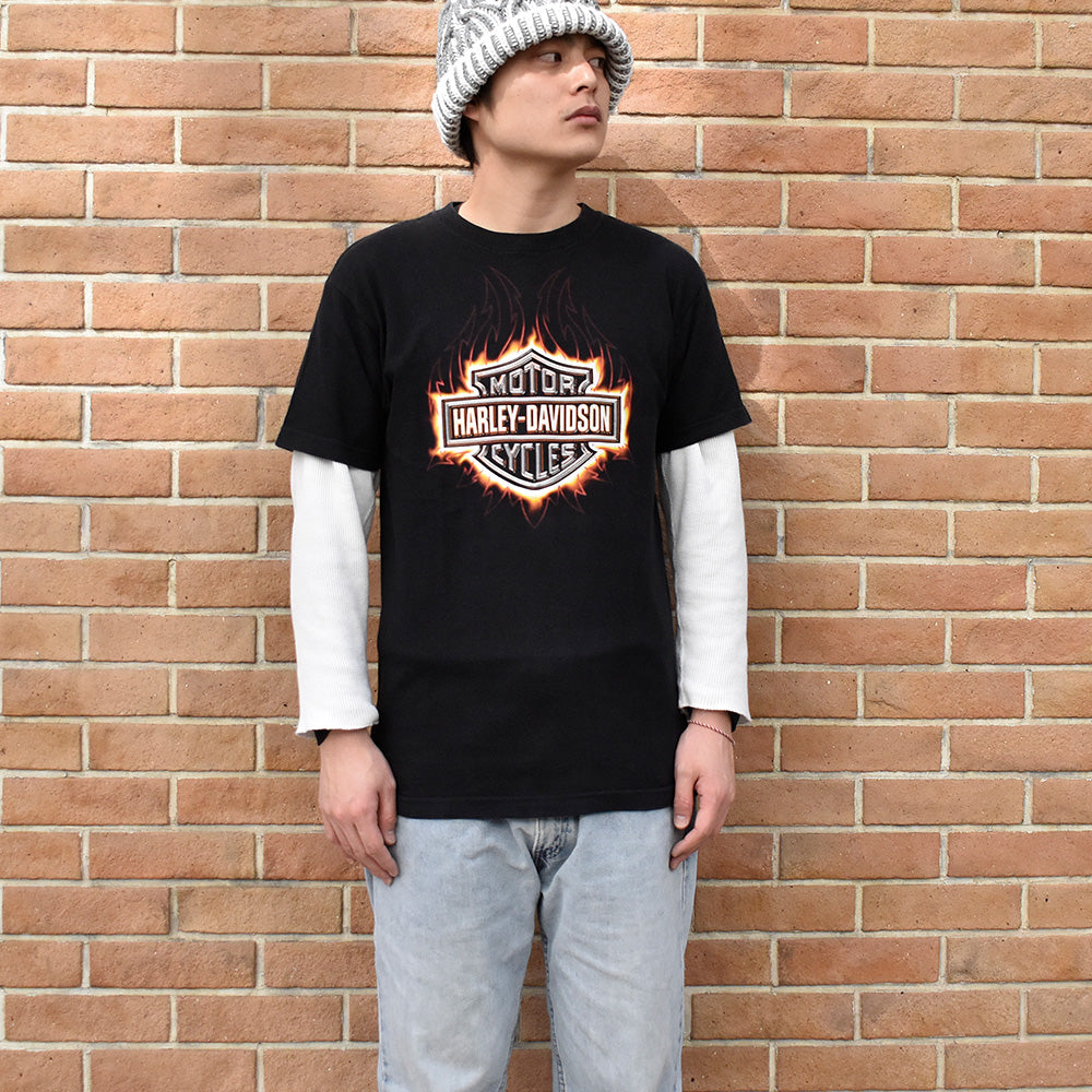 Y2K Harley-Davidson トライバルファイヤー ロゴ バイク Tシャツ 250220H