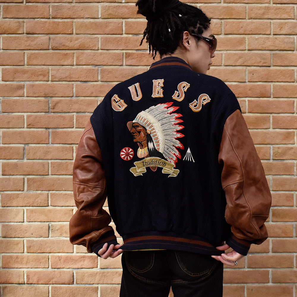 80's GUESS “ Indian” レザー切り替えウールジャケット 240130H