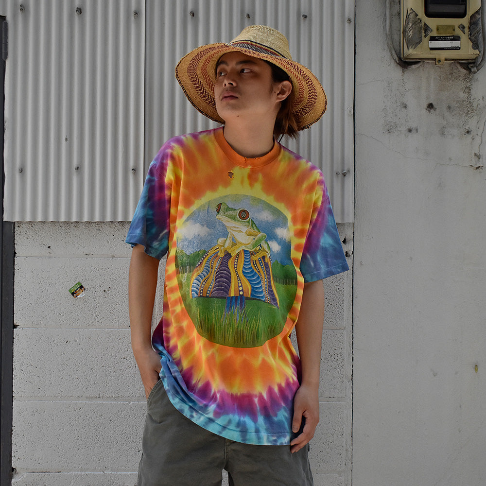 90's frog× mushroom アニマル タイダイ アート Tシャツ USA製 230724H