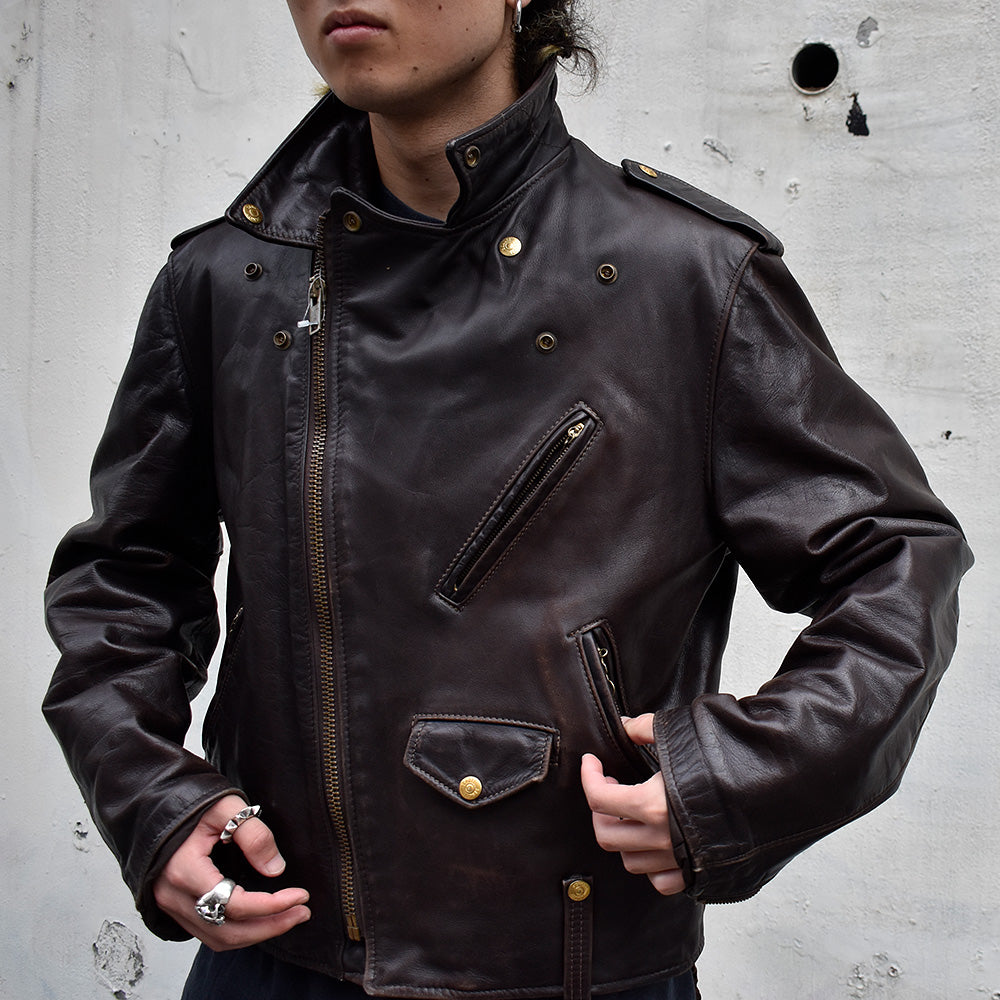 90's Schott ブラウン×ゴールドボタン! レザー ライダースジャケット USA製 230925H