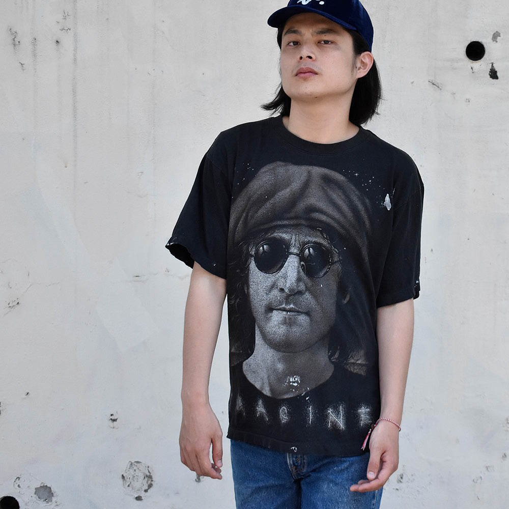 90's ダメージ! John Lennon “Imagine“ ビッグプリント! ロック Tシャツ 240708H