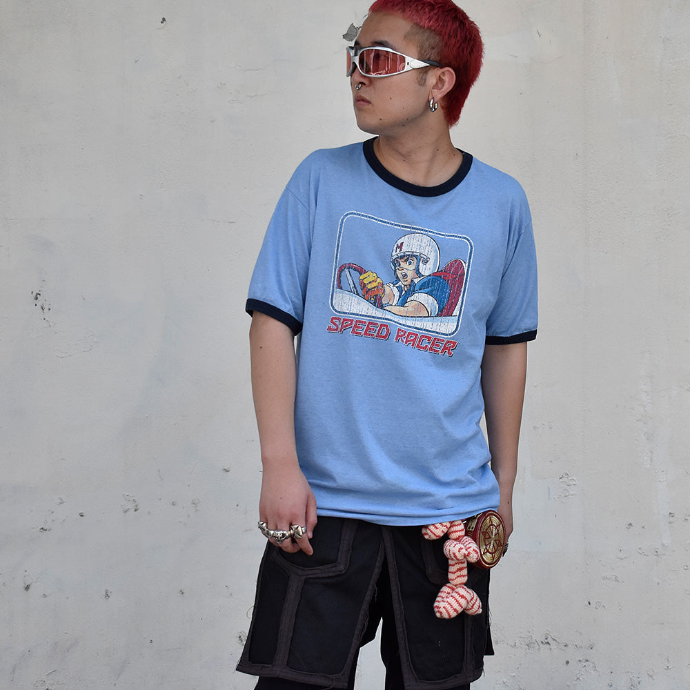 90’s~ Speed Racer “マッハGoGoGo” アニメ リンガーTシャツ! 霜降りブルー 250821H
