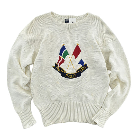 80’s Polo by Ralph Lauren ポロ ラルフローレン クロスフラッグ 1967-1987 20周年 コットンニット セーター 生成り 刺繍