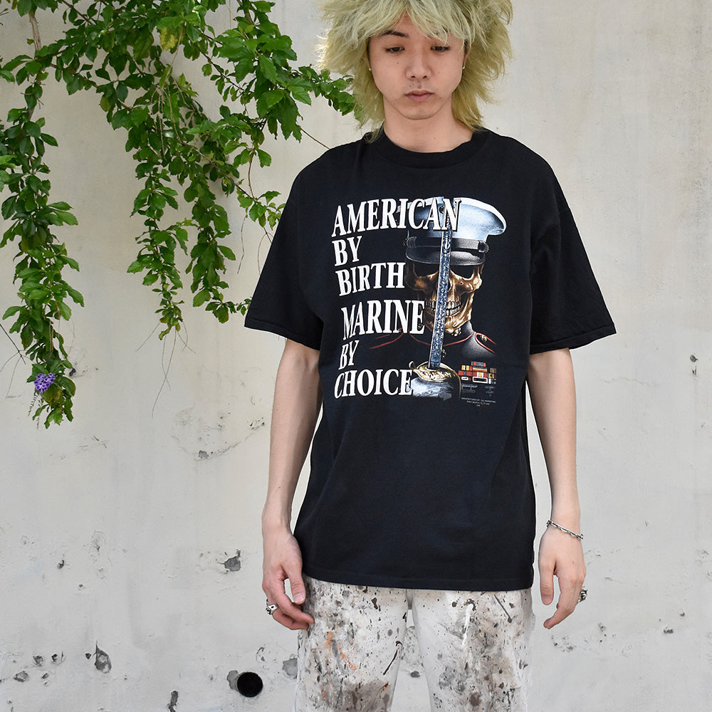 90's 3D EMBLEM “AMERICAN BY BIRTH MARINE BY CHOICE” スカル Tシャツ USA製 250606H