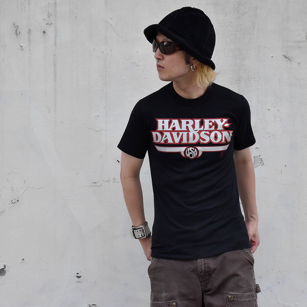 80's Harley Davidson シルバープリント! バイク Tシャツ USA製 240721H