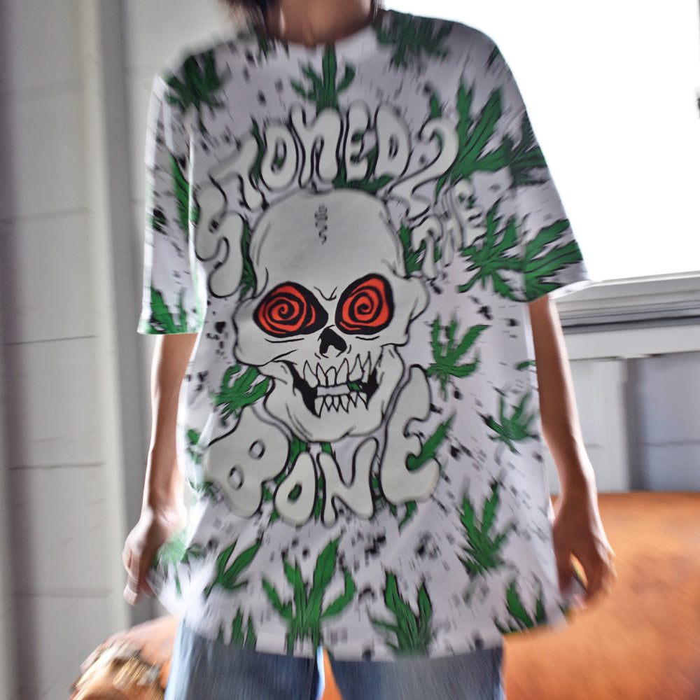 Y2K “STONED TO THE BONE” AOP! ガンジャ スカル Tシャツ 230816H