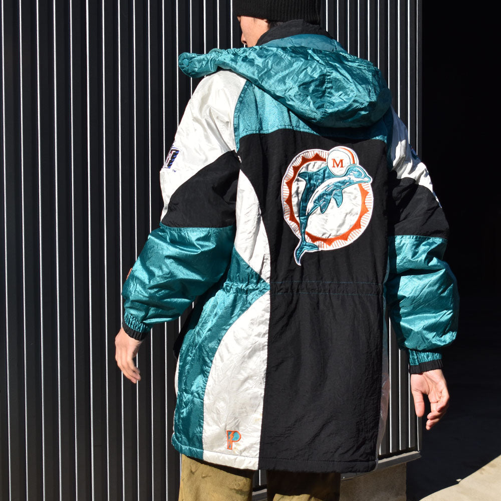 90’s PRO PLAYER “NFL Miami Dolphins” 中綿入り フード付き ナイロンジャケット 240214
