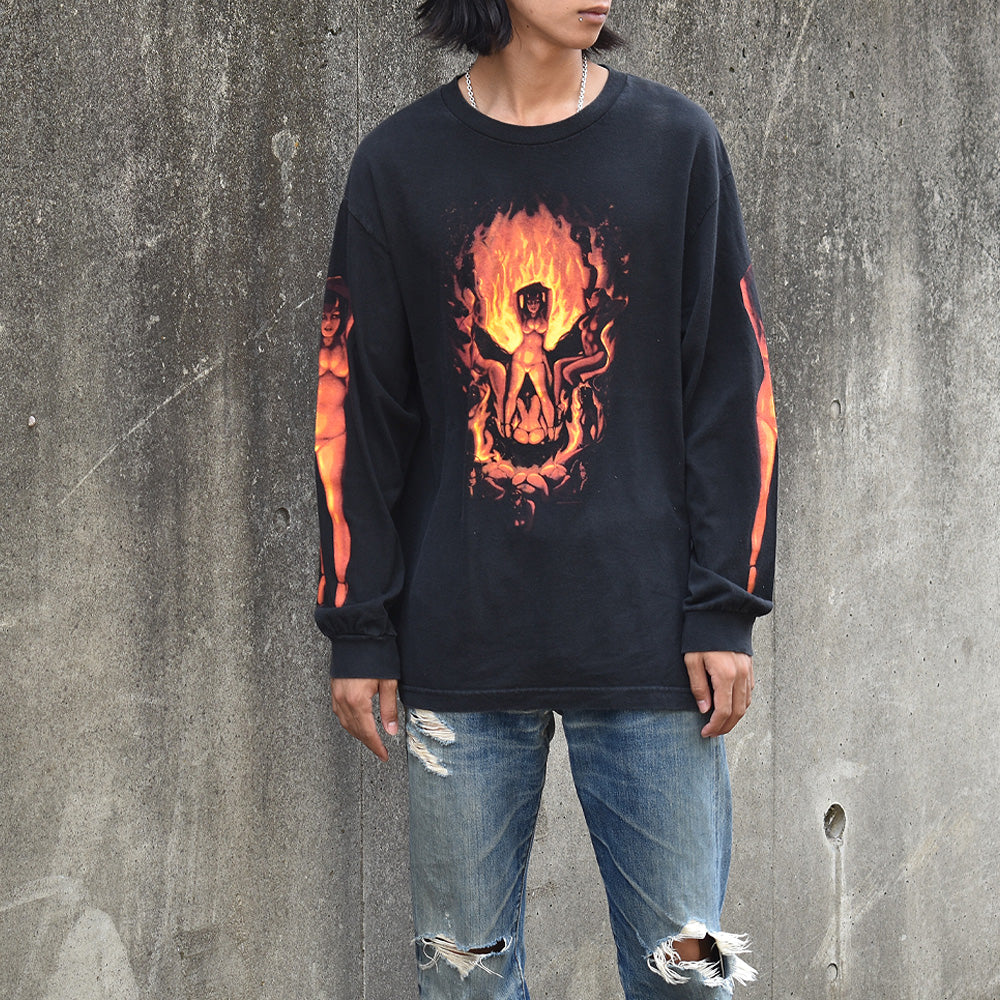 Y2K HOT LEATHERS “Devils & Skull” 袖プリ! ロンT USA製 230926H