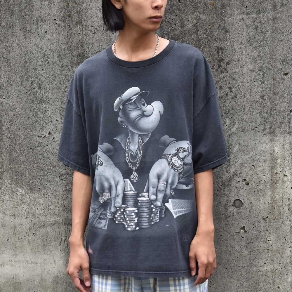 Y2K Popeye “Poker” ラメプリント! キャラ Tシャツ 231003
