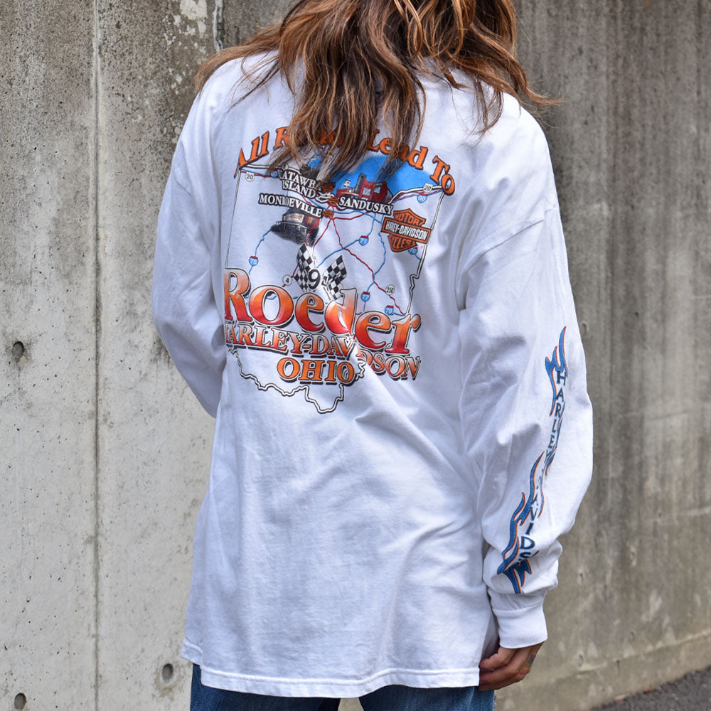 Y2K Harley-Davidson 袖プリント ファイヤーパターン バイク 長袖 ポケット Tシャツ USA製 230625H