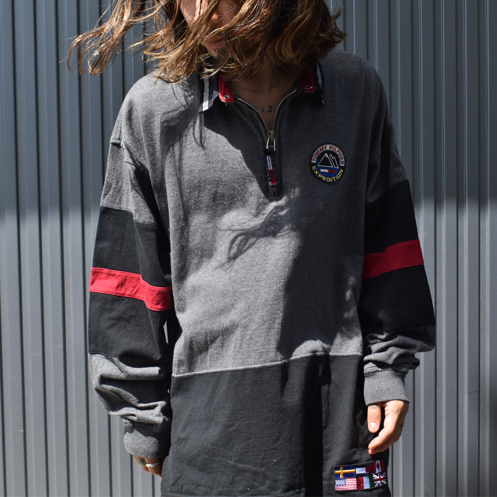 90’s TOMMY HILFIGER “OUTDOORS” 衿付き ハーフジップ スウェット 231005