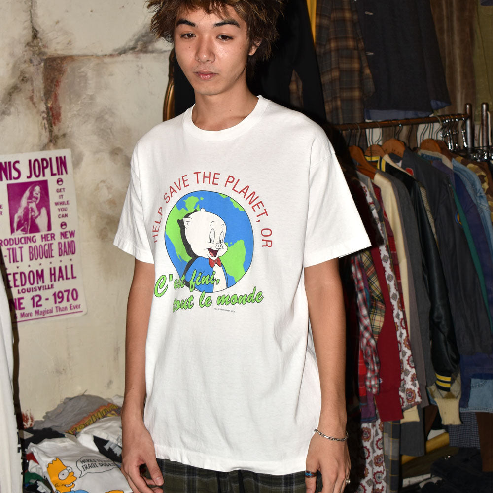 90’s Looney Tunes “HELP SAVE THE PLANET, OR C'est fini, tout le monde” キャラクター メッセージ Tシャツ USA製 250926H