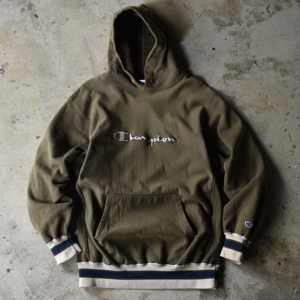 90's Champion 配色リブ スクリプトロゴ リバースウィーブ パーカー USA製 220714H