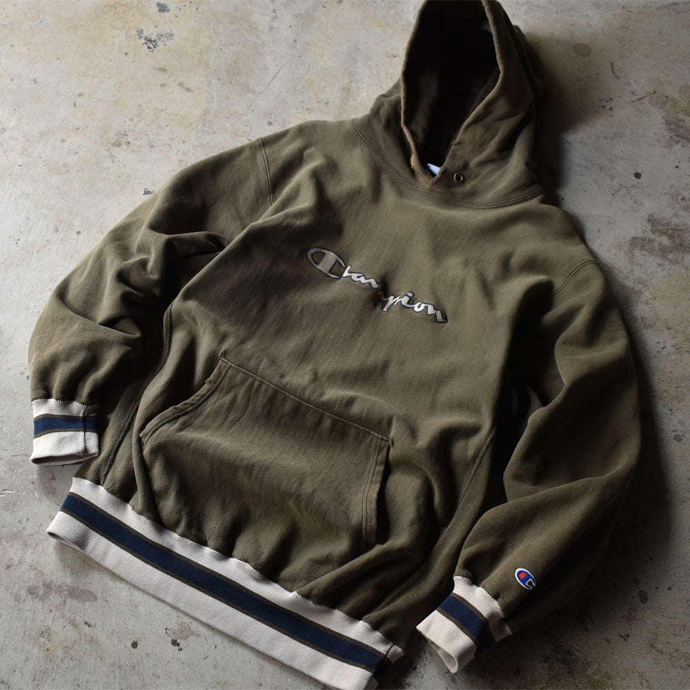 90's Champion 配色リブ スクリプトロゴ リバースウィーブ パーカー USA製 220714H