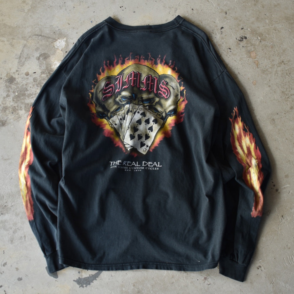 Y2K ”RON SIMMS CUSTOM CYCLES” 袖プリ ファイヤーパターン!L/S Tシャツ 220801