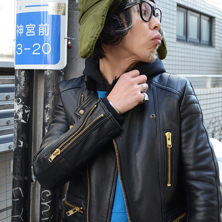 blackmeans ベーシックライン パット付き レザーライダースJKT
