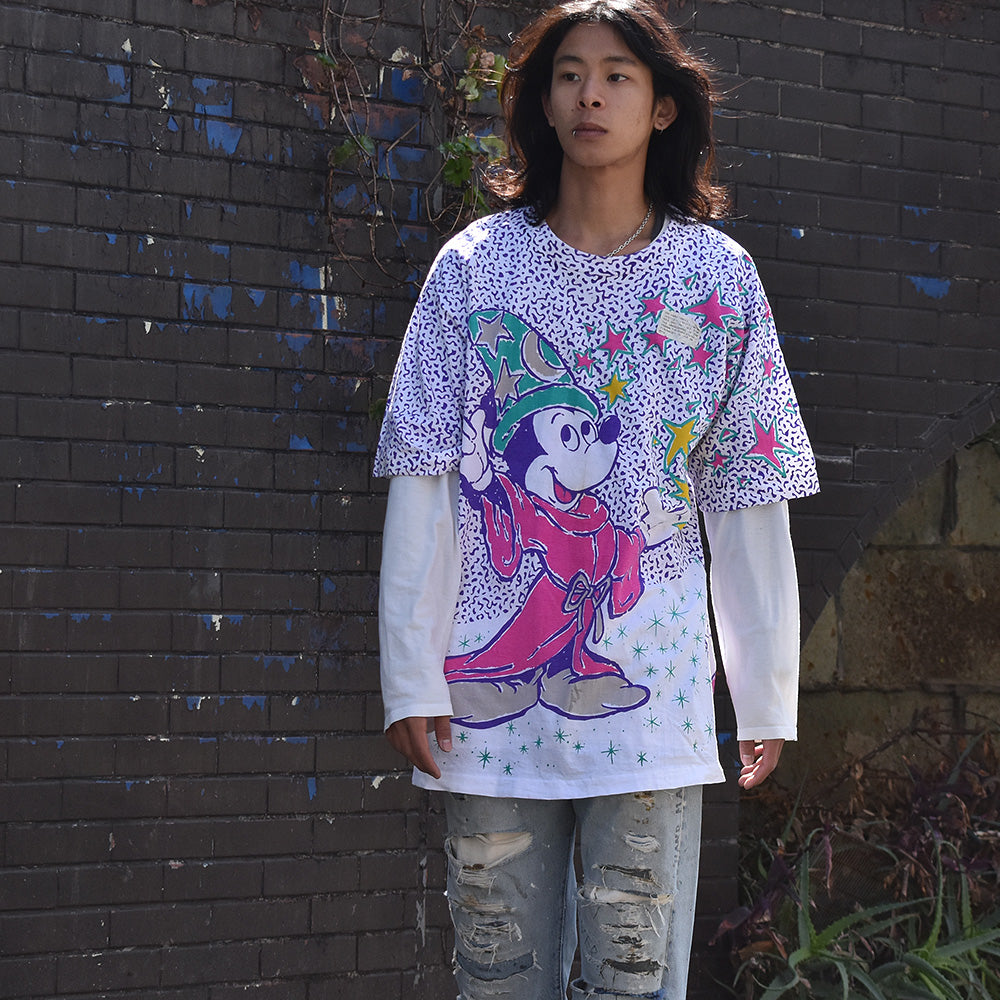 90's FANTASIA 魔法使いの弟子 ミッキー AOP!Tシャツ 230316H
