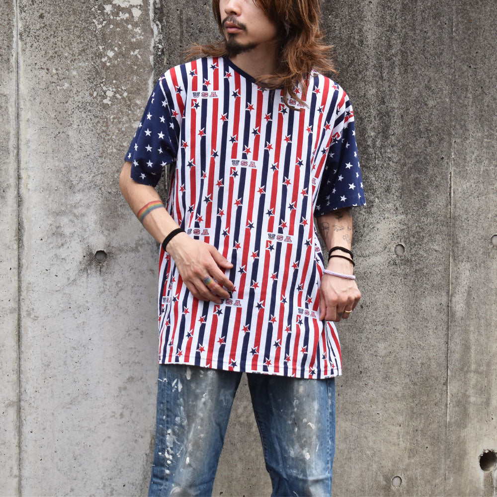 90’s GREEN FIELD “stars and stripes” 総柄 Tシャツ USA製 230415H