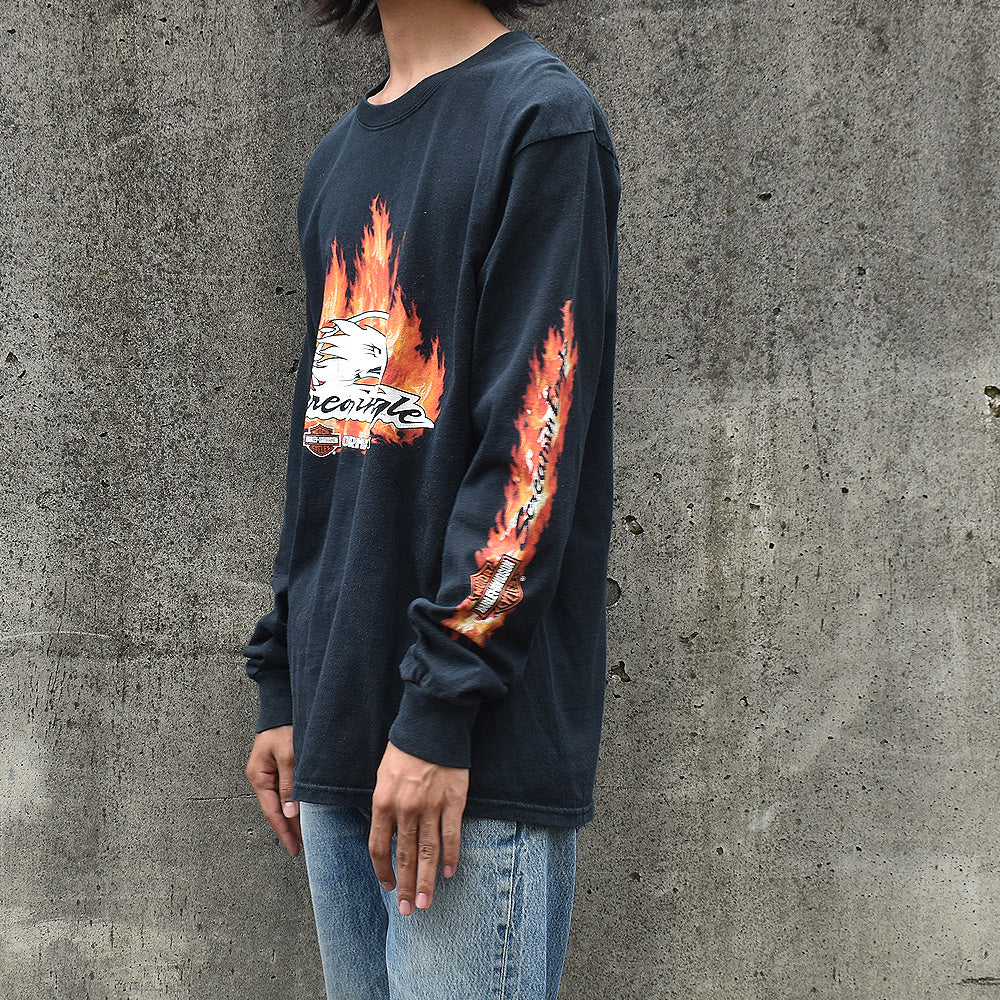 Y2K Harley-Davidson "Screamin Eagle” ファイヤープリント バイク 長袖 Tシャツ USA製 220713H